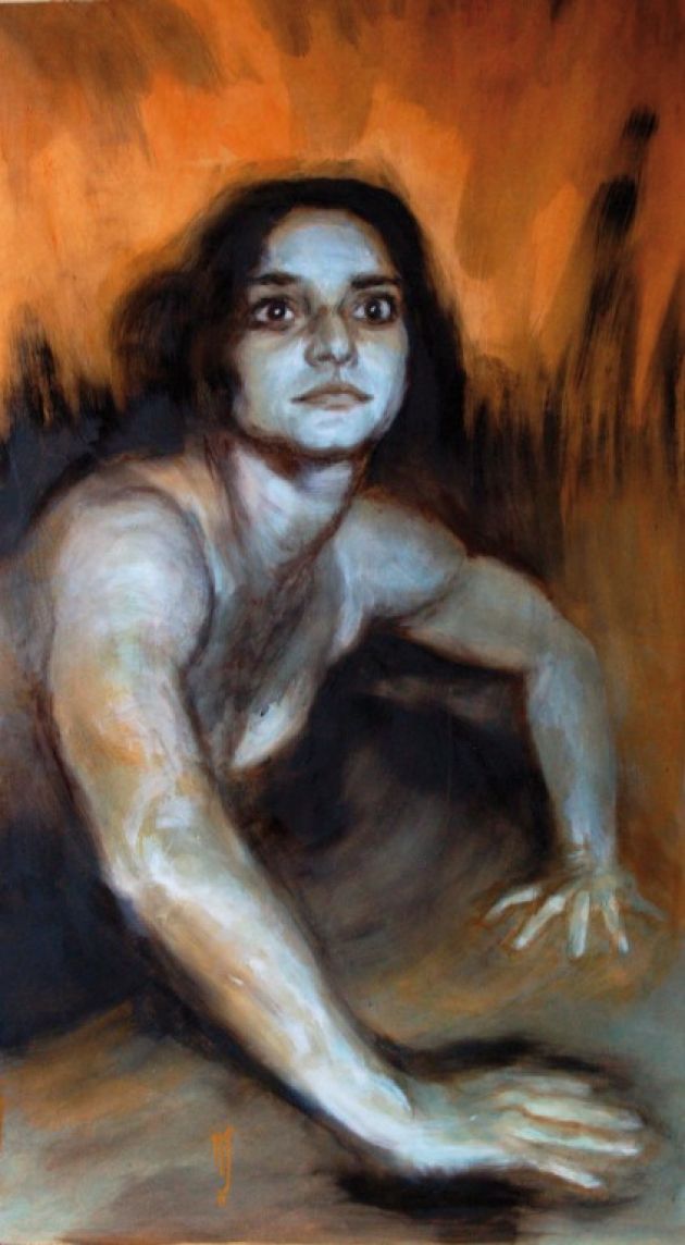 princesse-grenouille-galerie-lumière-tableaux-peinture-noir-ocre-jaune-regard-pénétrant-feu-femme