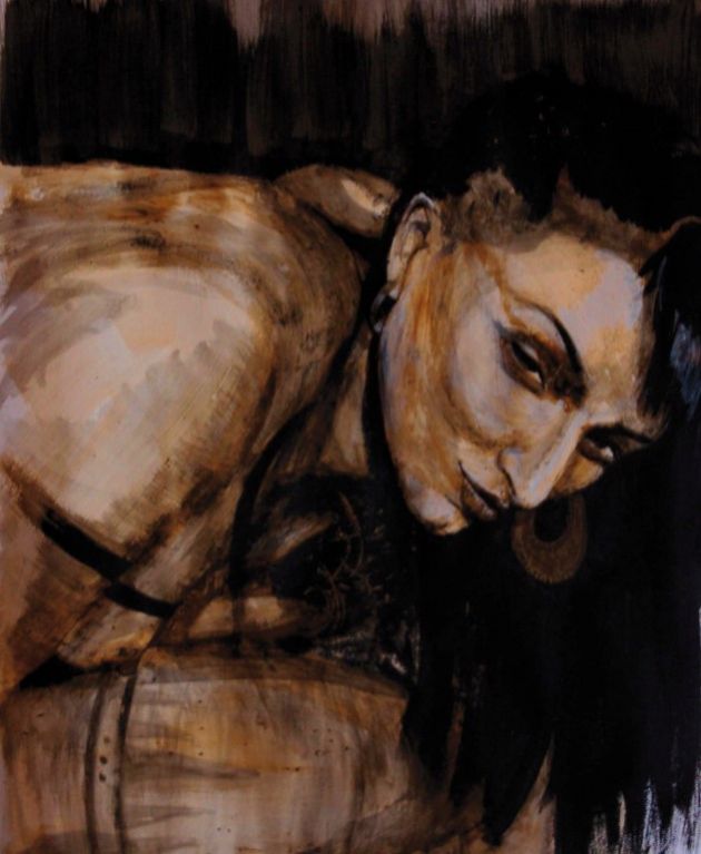 chaude-tannière-galerie-la-femme-tableaux-peinture-noir-terre-ocre-regard-mystérieux-symbolismec