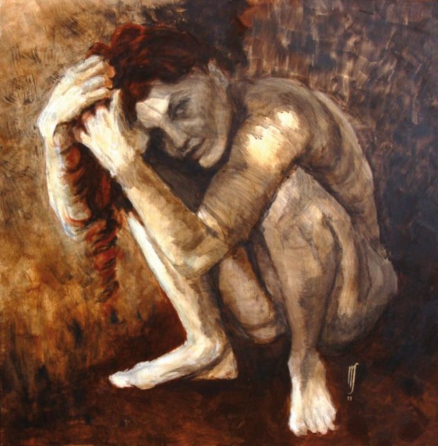 cocon-de-terre-galerie-la-femme-tableaux-peinture-couleurs-chaudes-accroupie-rousse-matière